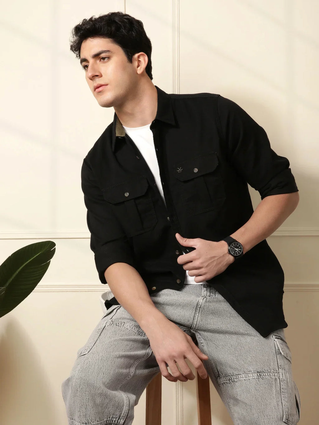Fine Corduroy Slim Fit Shirt | Black