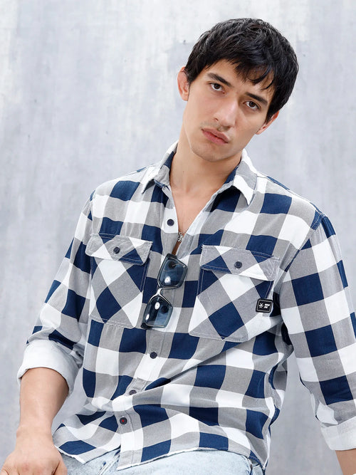 Casual Comfort Fit Checkered Pattern Shirt  | Navy Blue