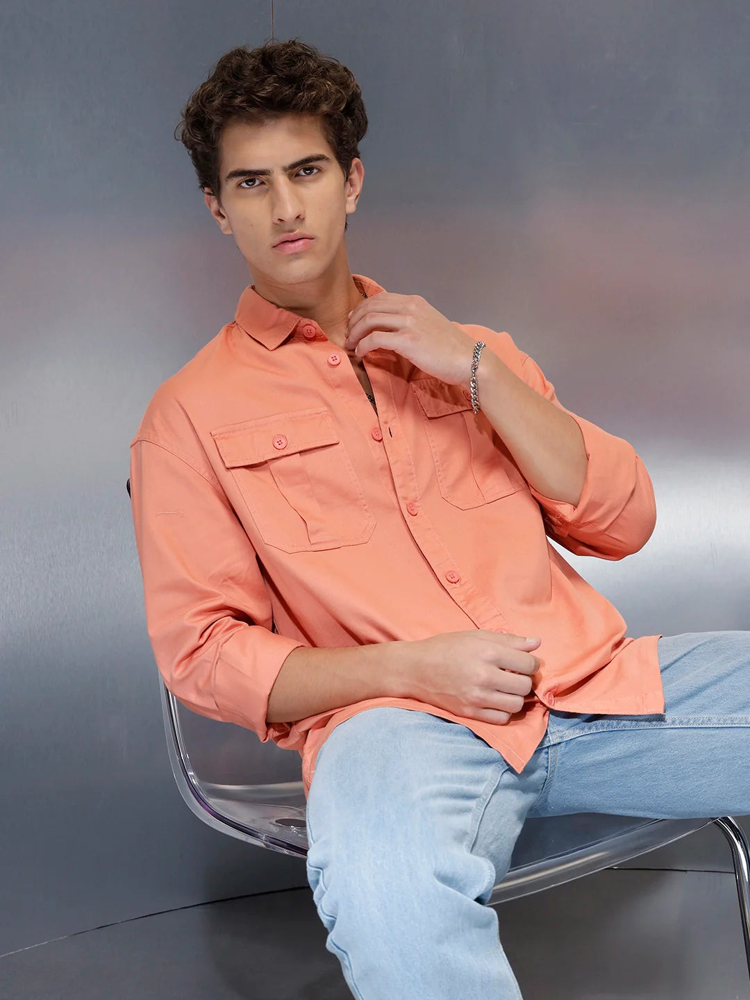 Men's oversize dual pocket shirt  | Peach