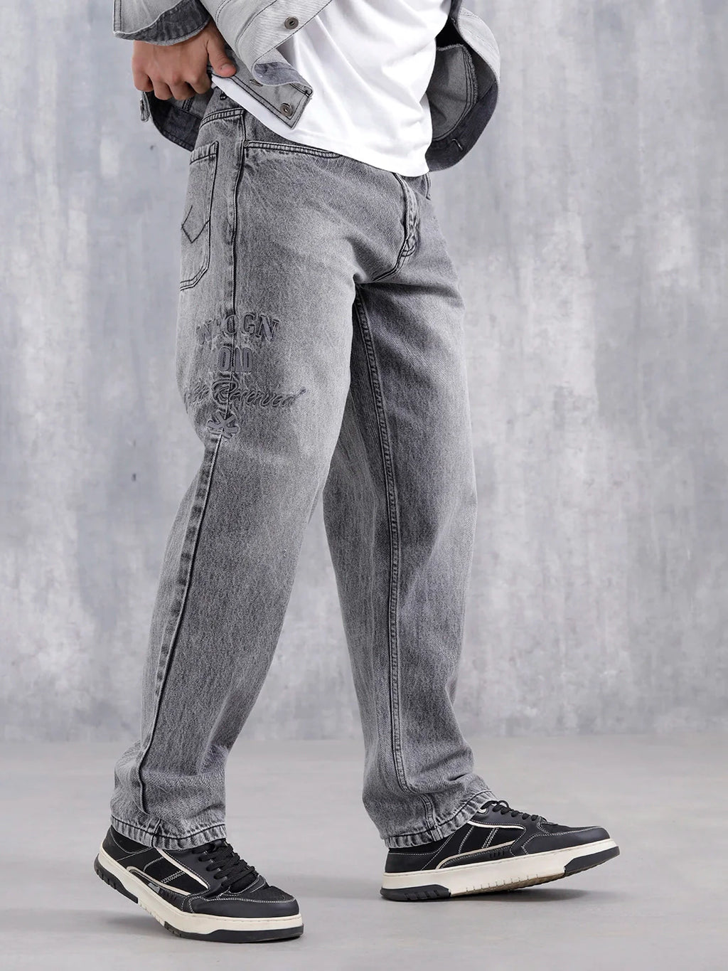 Men Casual Anti Fit Jeans With Embroidery  | Grey