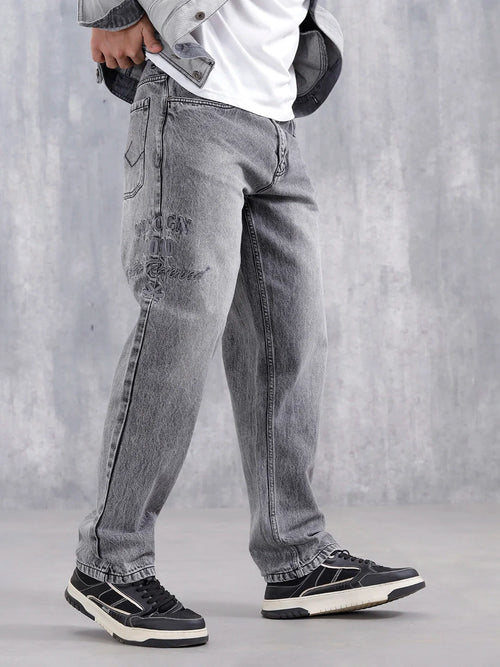 Men Casual Anti Fit Jeans With Embroidery  | Grey