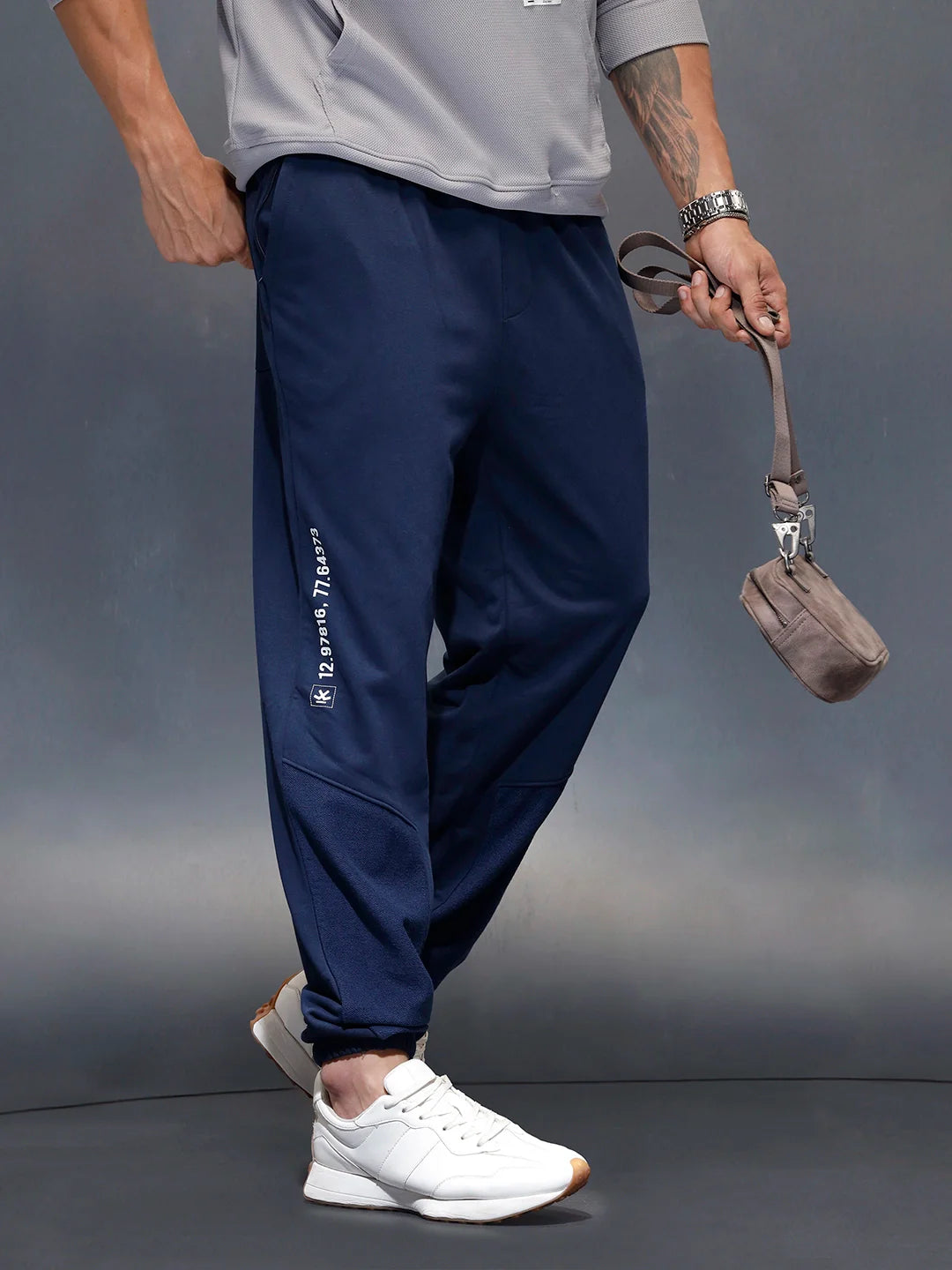 Men's casual straight fit printed knitted jogger | Navy Blue