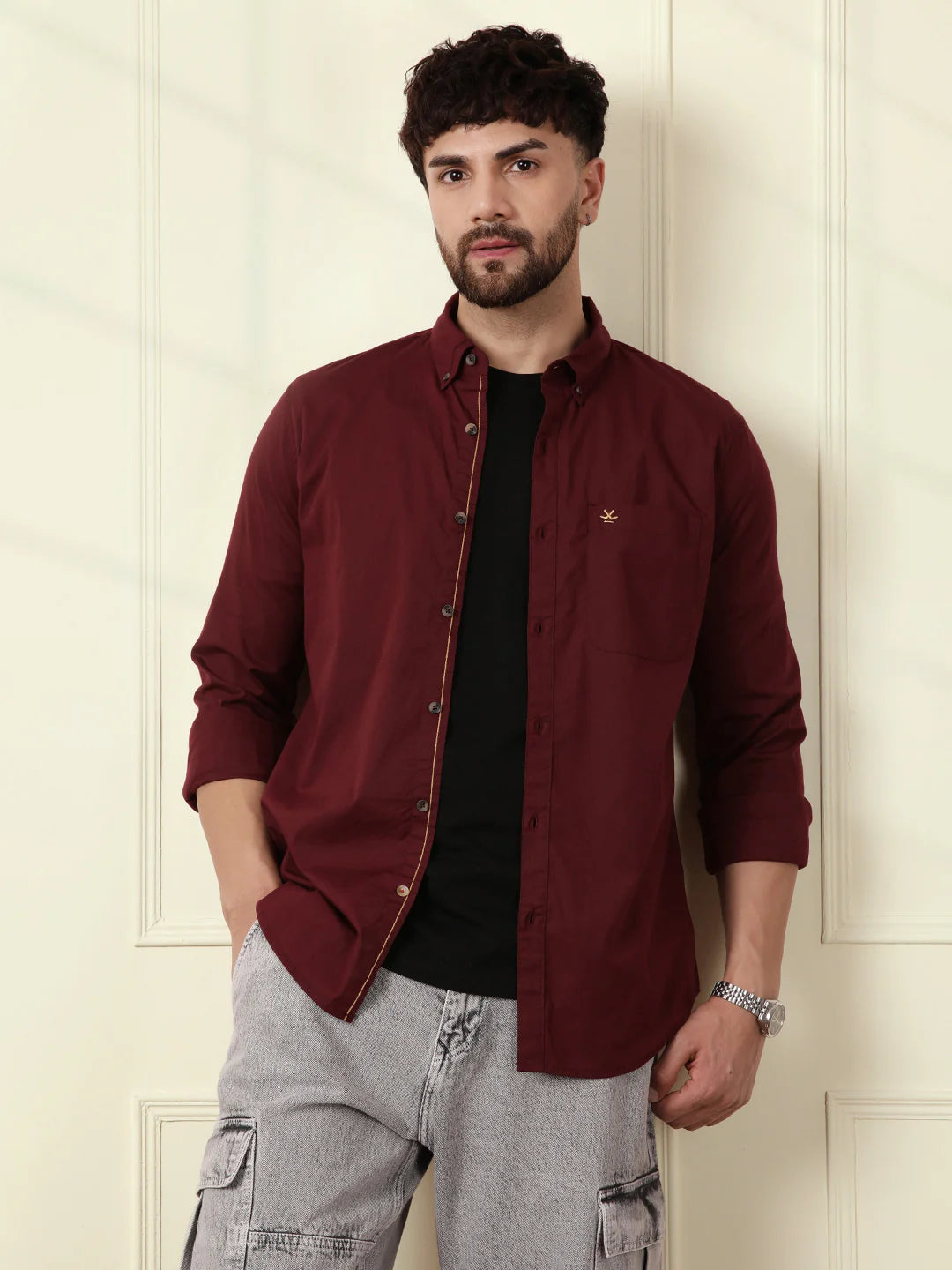 Solid Cotton Blend Shirt | Wine