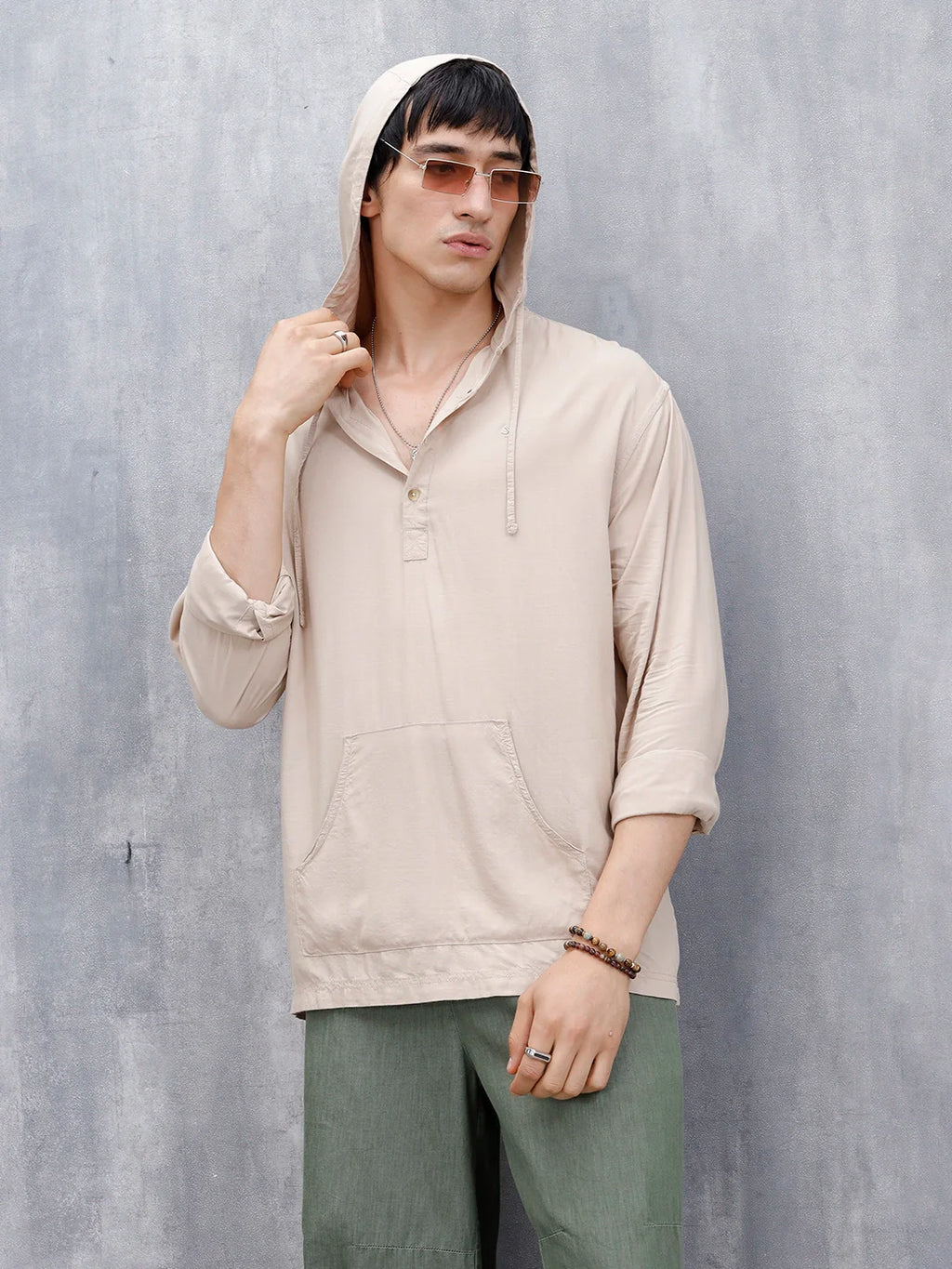 Wrogn Men's Casual Hooded Henley Pullover For Men's | Khaki