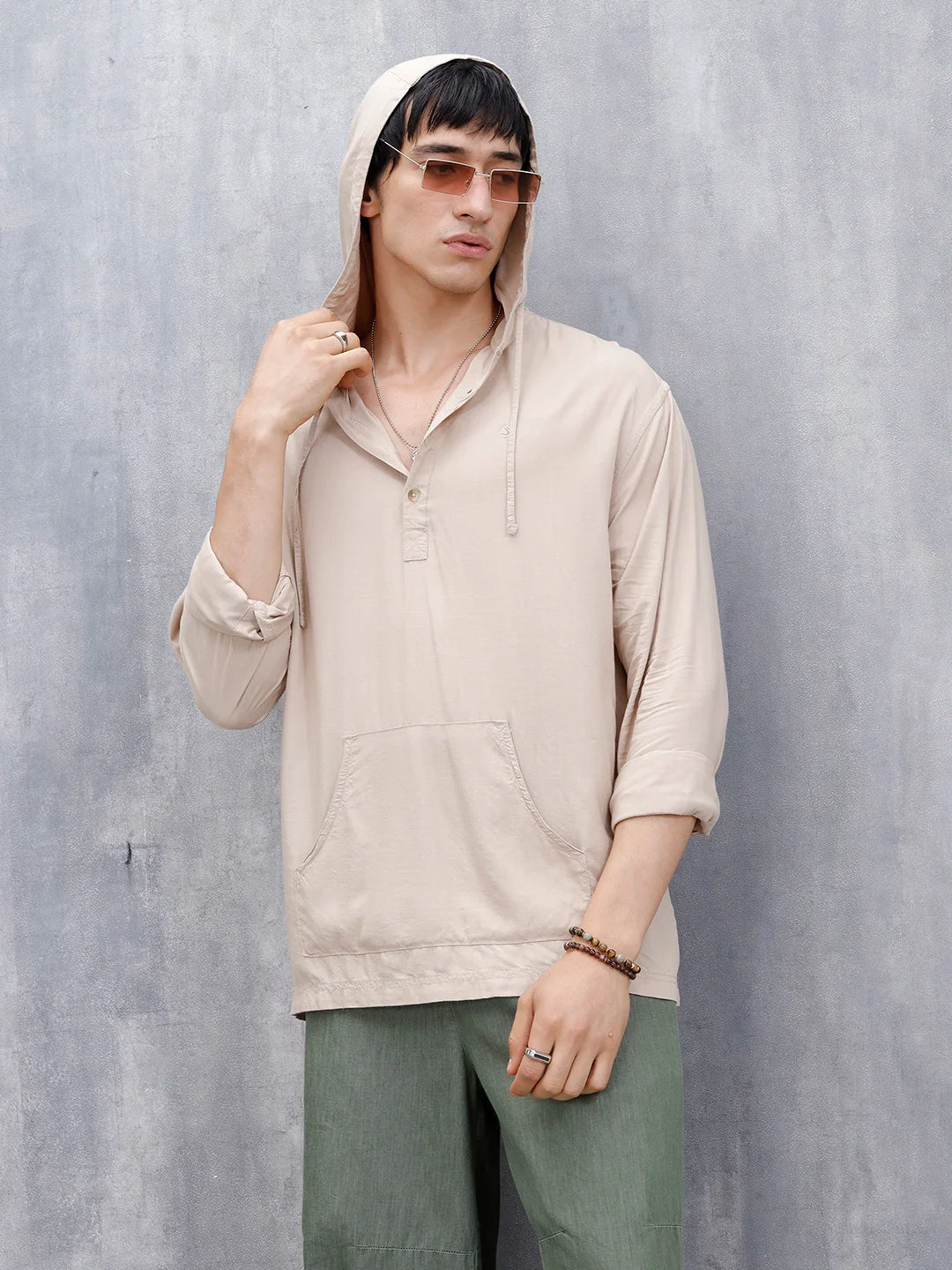 Wrogn Men's Casual Hooded Henley Pullover For Men's | Khaki