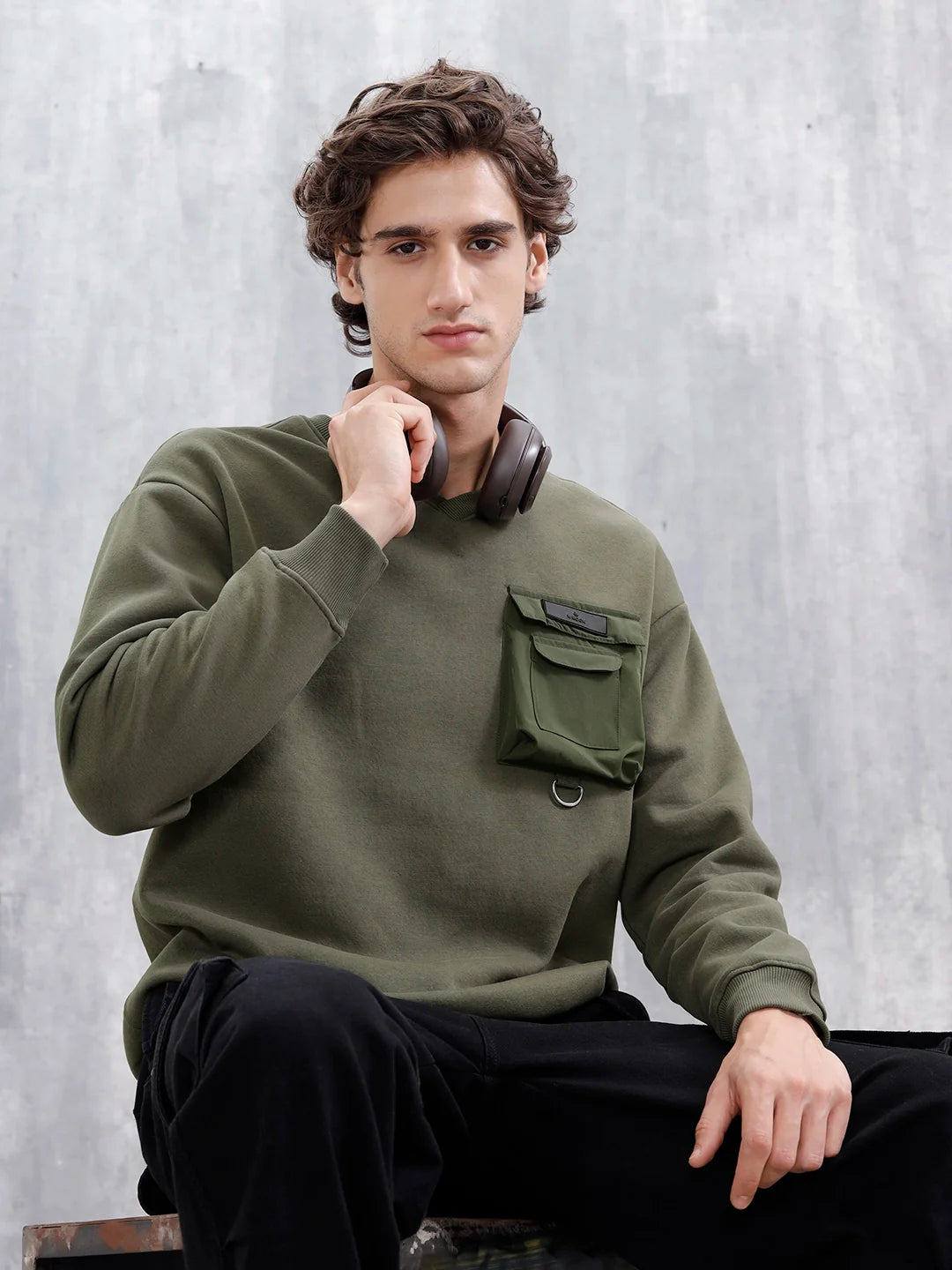 Utility Pocket Detail Casual Sweatshirt | Olive