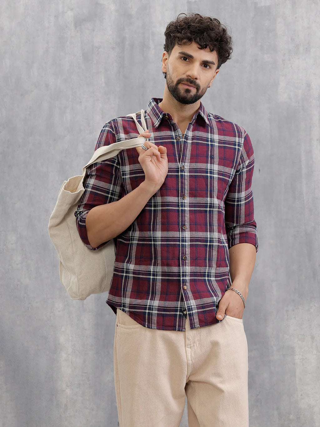 Slim Fit Check Shirt In Special Slub Weave | Maroon