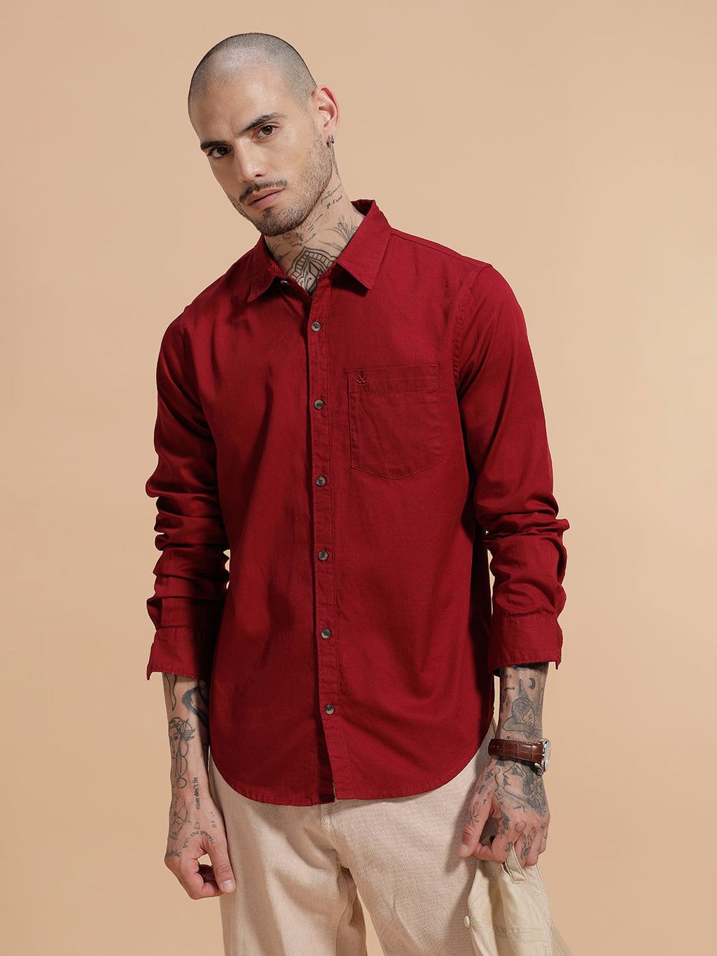 Solid Full Sleeve Cotton Shirt | Red