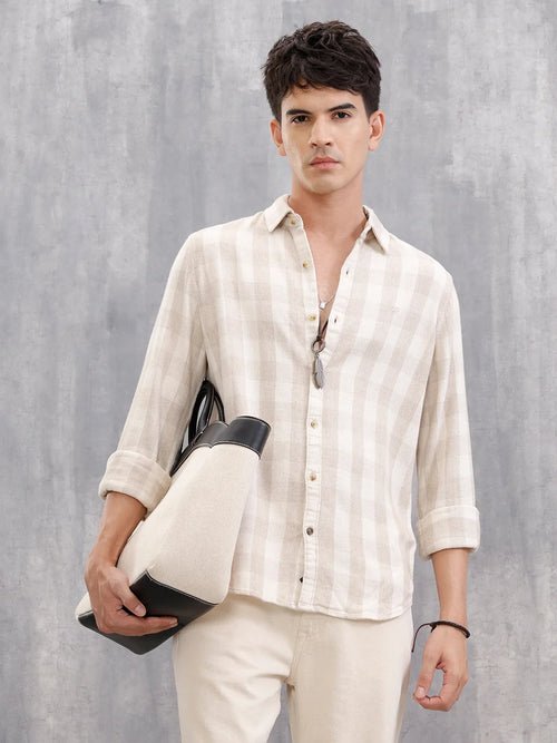 Herringbone Check Shirt In Natural Tones  |  Beige