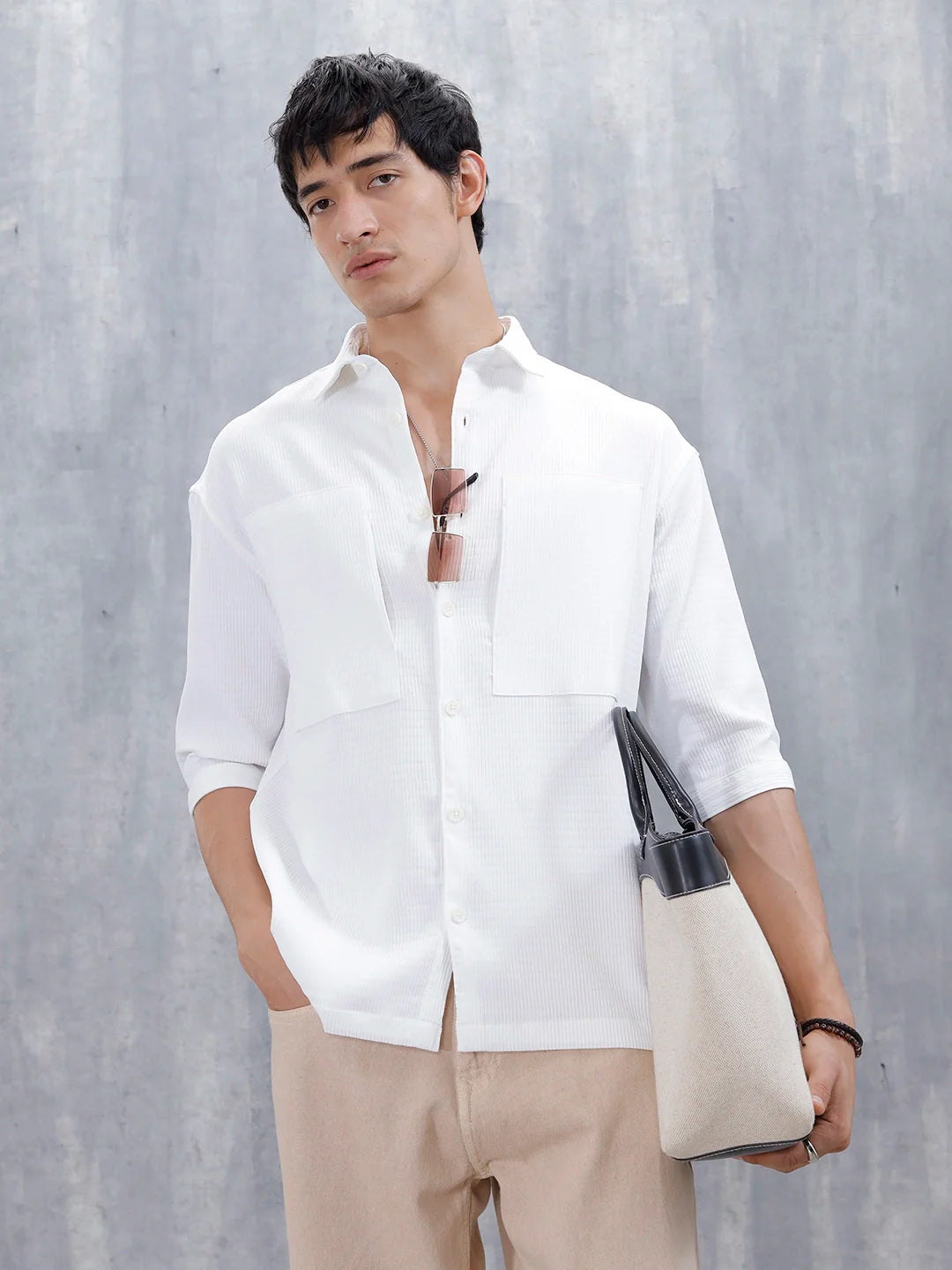 Wrogn Comfort Fit Self Textured Shirt | White