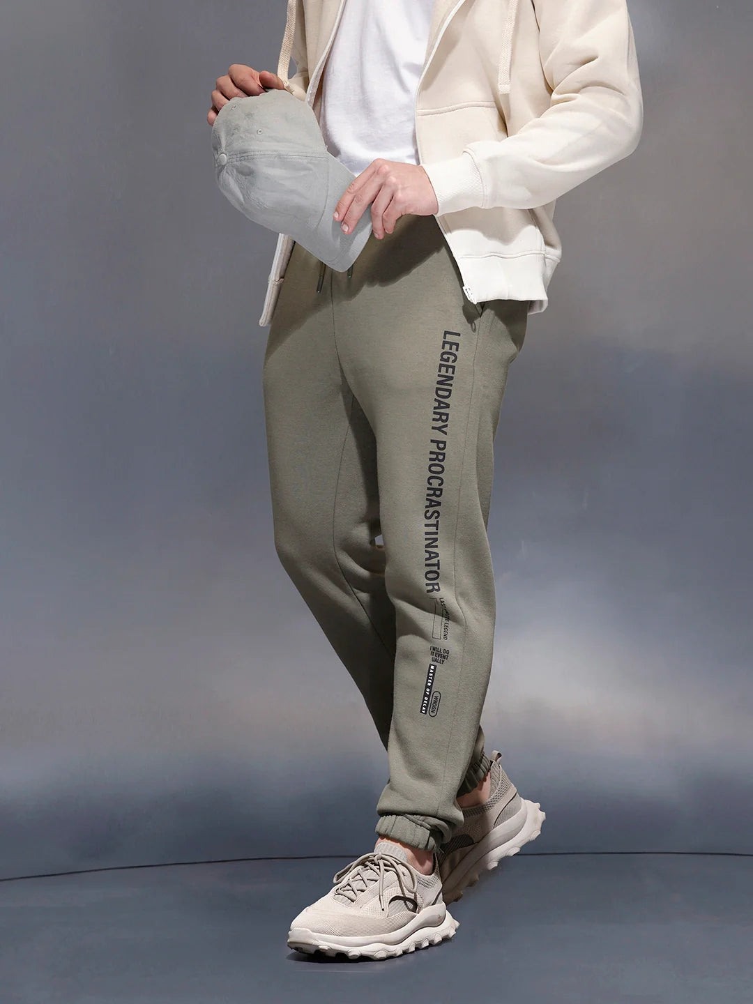 Men's casual slim fit jogger with typographic print design | Olive