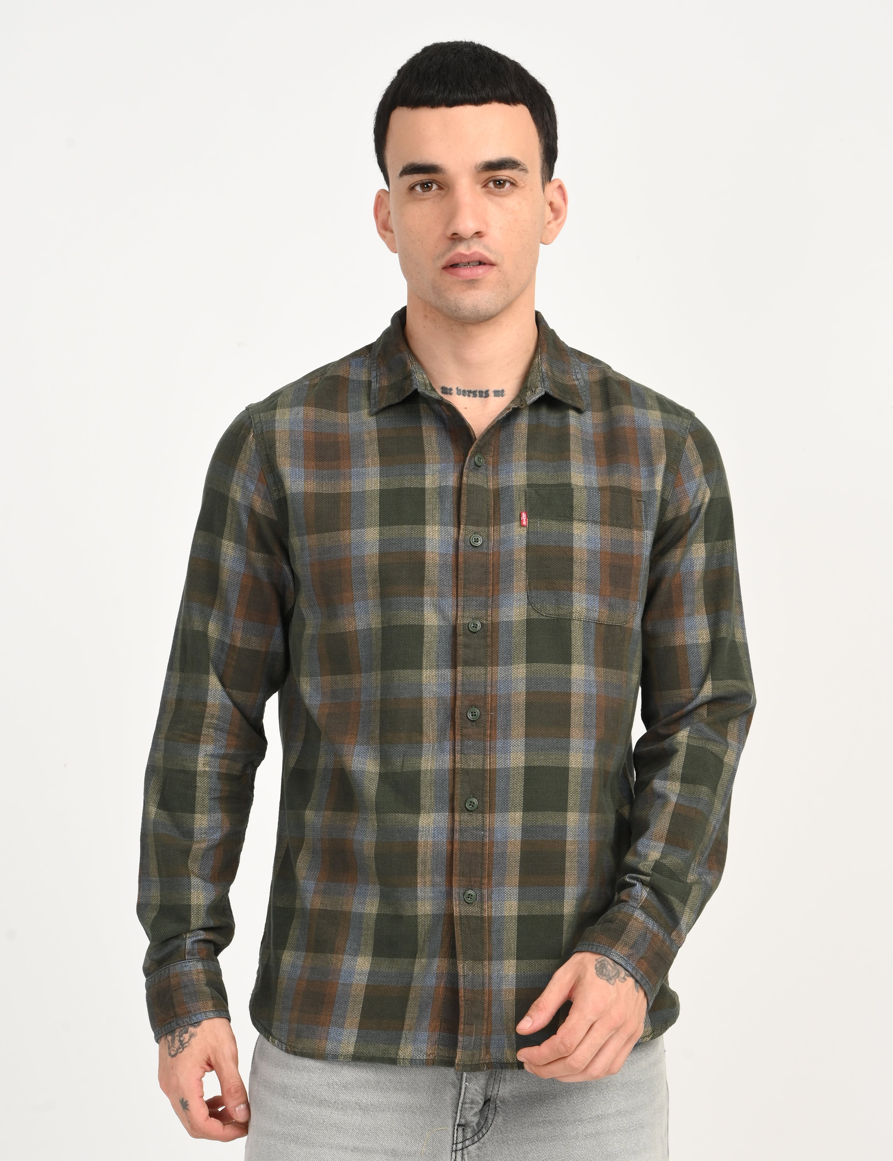 Men's Checkered Olive Slim Fit Corduroy Shirt