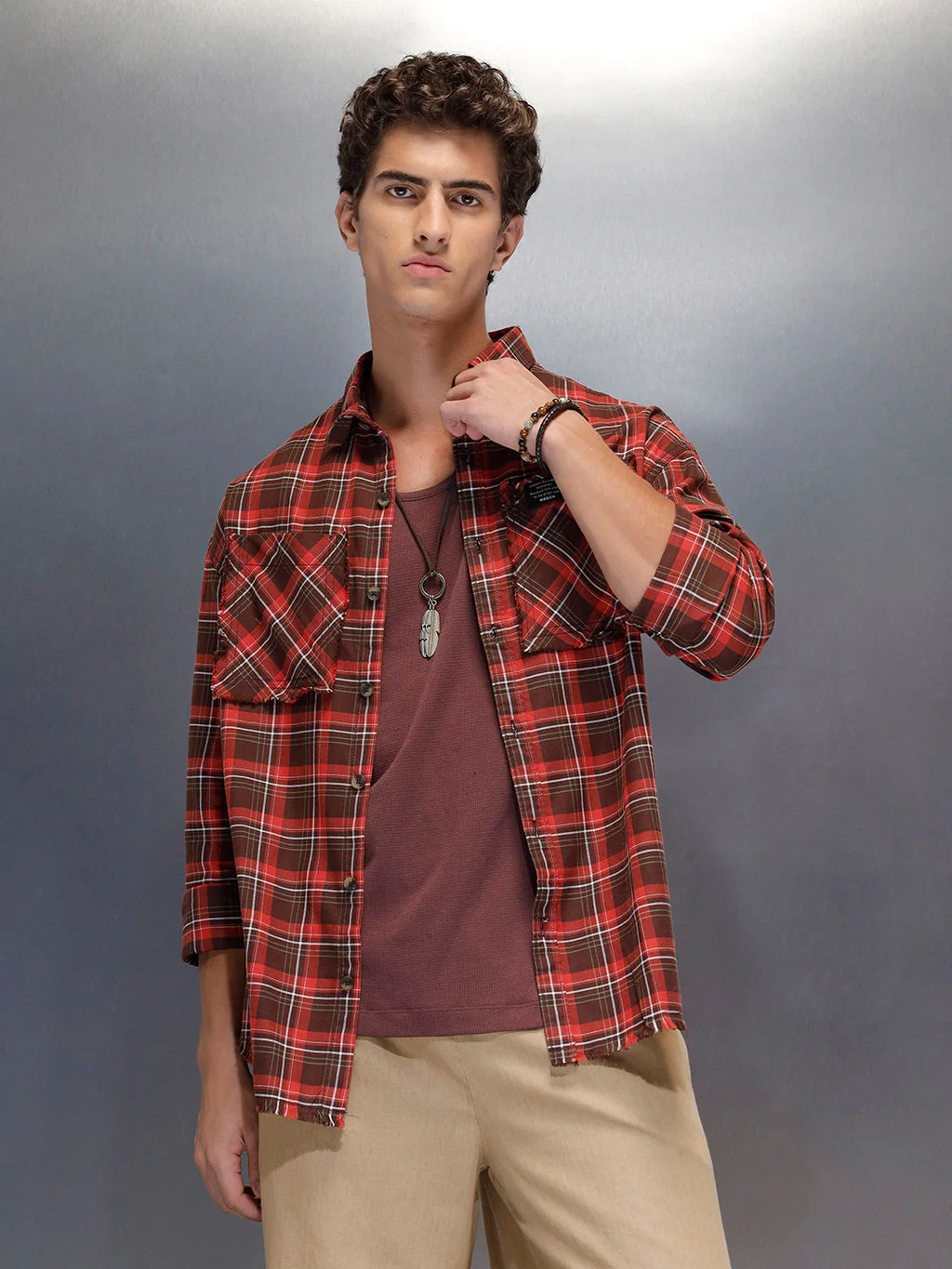 Men's oversize raw hem detail check shirt  | Brown