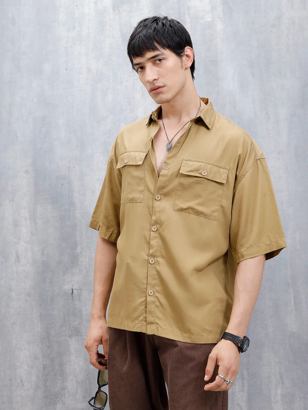 Wrogn Men's Oversized Plus Double Pocket Shirt | Khaki