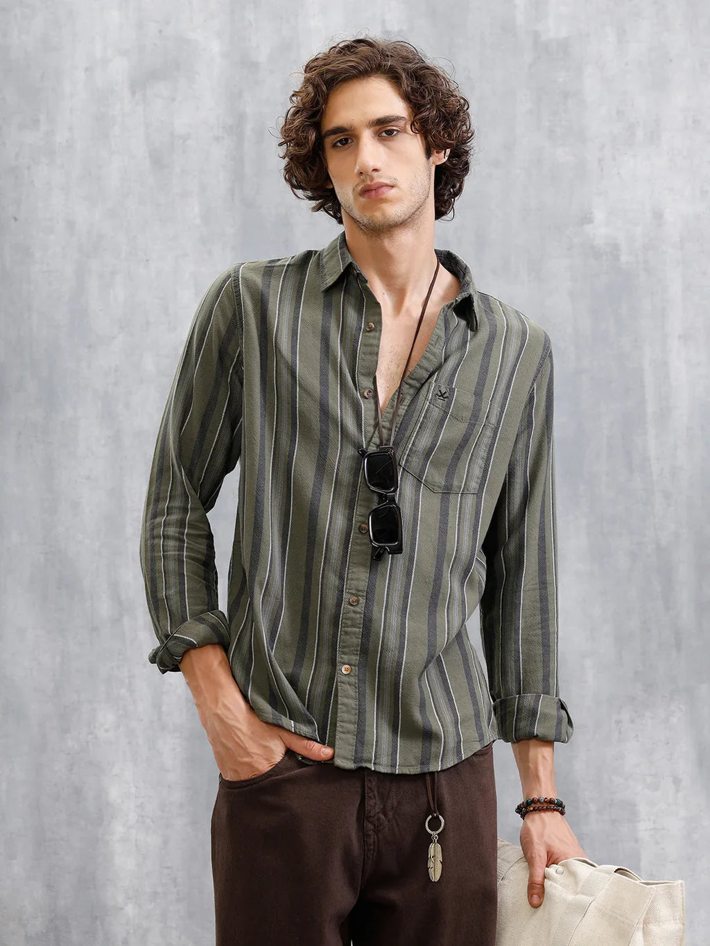 Textured Stripes Slim Fit Shirt | Olive
