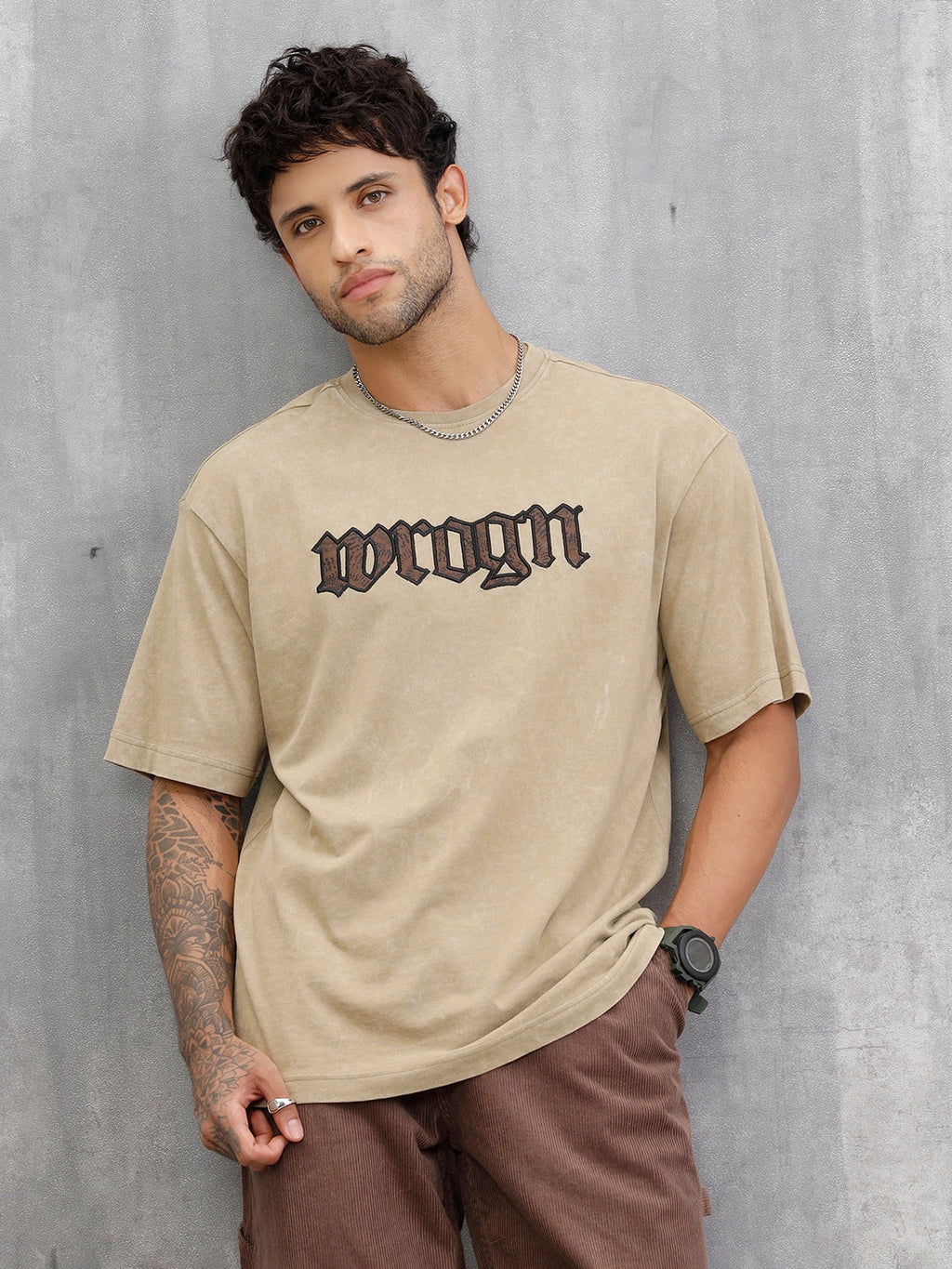 Acid Wash Oversized Fit T-shirt With Embroidery | Khaki