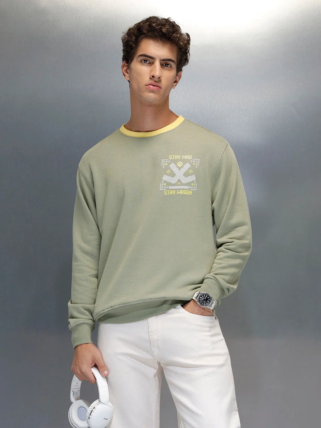 Men's Comfort Fit Wrogn branded Sweatshirt  | Light Green