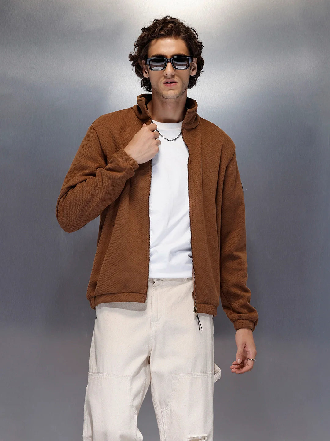 Men’s brown textured zip-up jacket | Brown