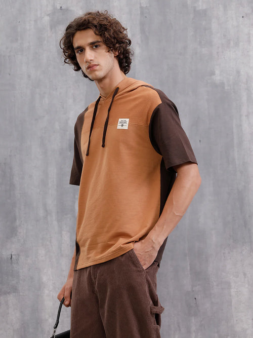 Asymmetrical Colorblocked Textured Hoodie With Printed Canvas Patch | Brown