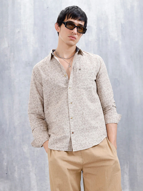 Floral Printed Slim Fit Men's Casual Shirt | Khaki