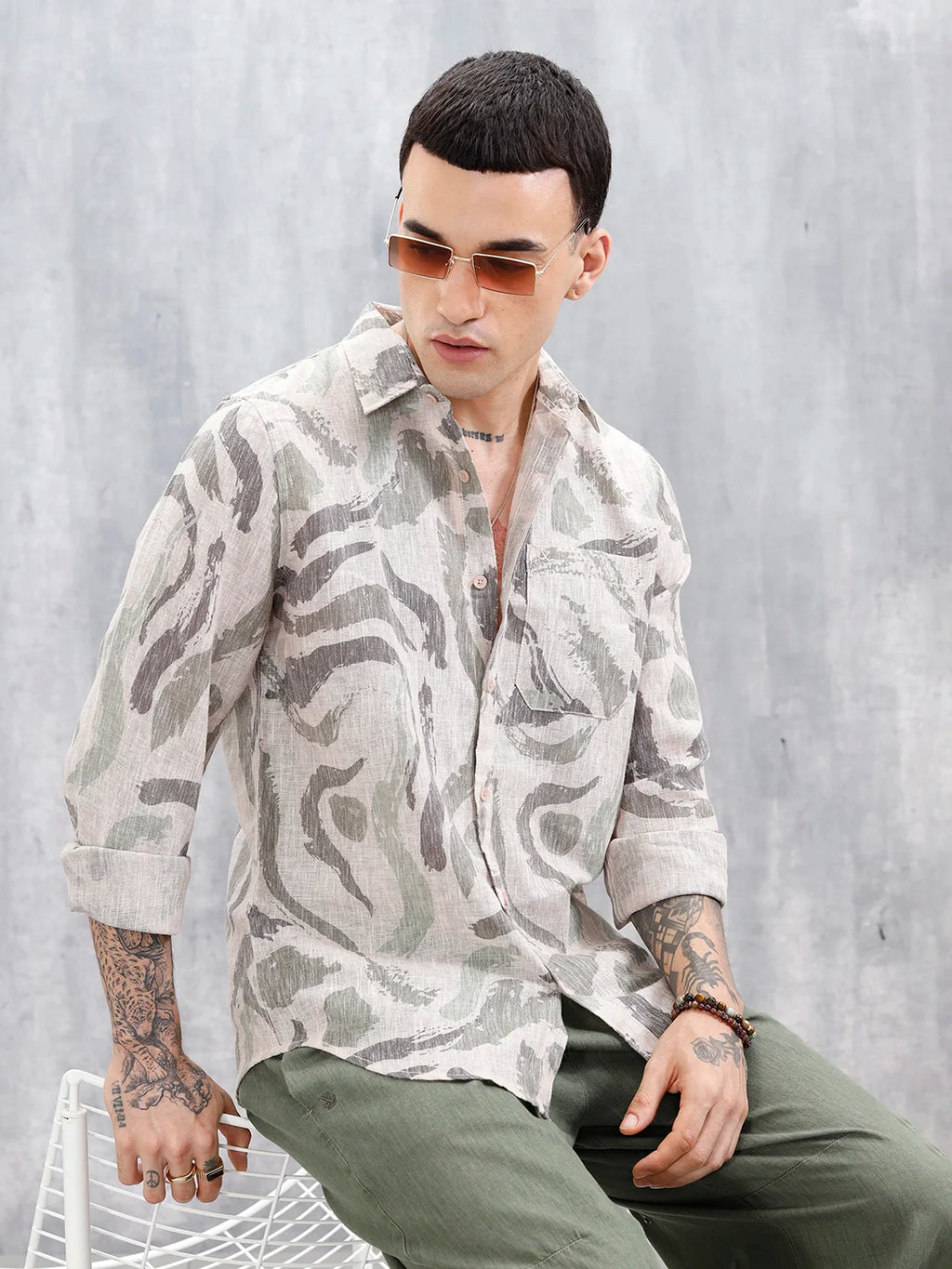Wrogn Men's Printed Slim Fit Shirt  | Light Green