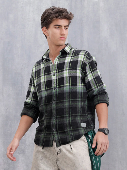 Men Checkered Pattern Oversized Fit Shirt | Black