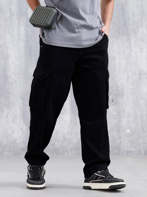Loose Fit Workwear Trousers With Patch Pockets & Hammer Loop | Black