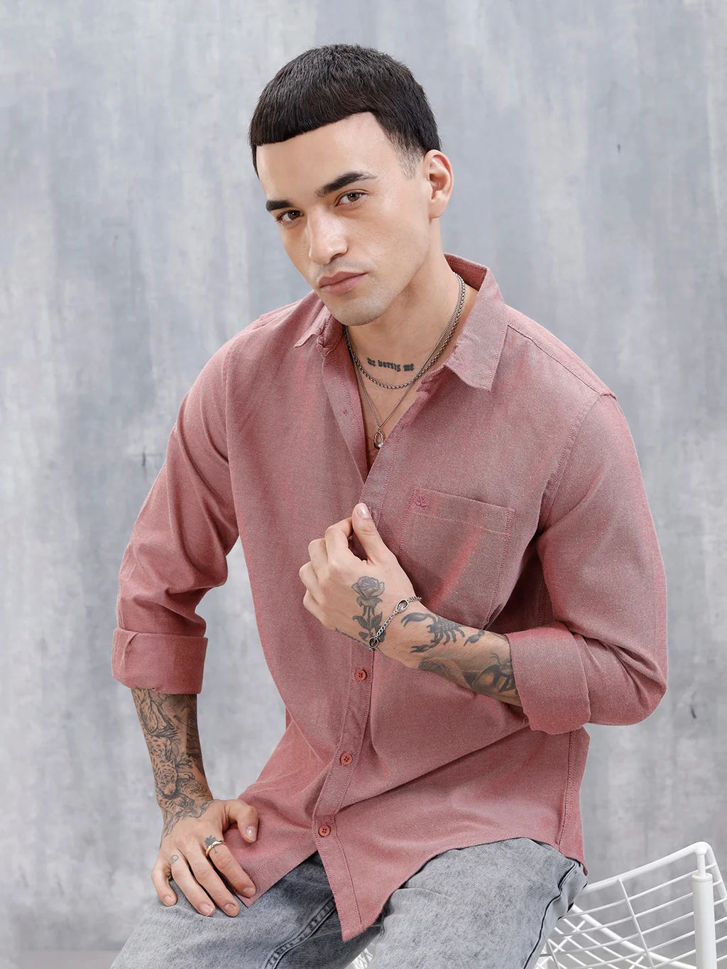Wrogn Men's Classic Spread Collar Slim Fit Shirt | Red