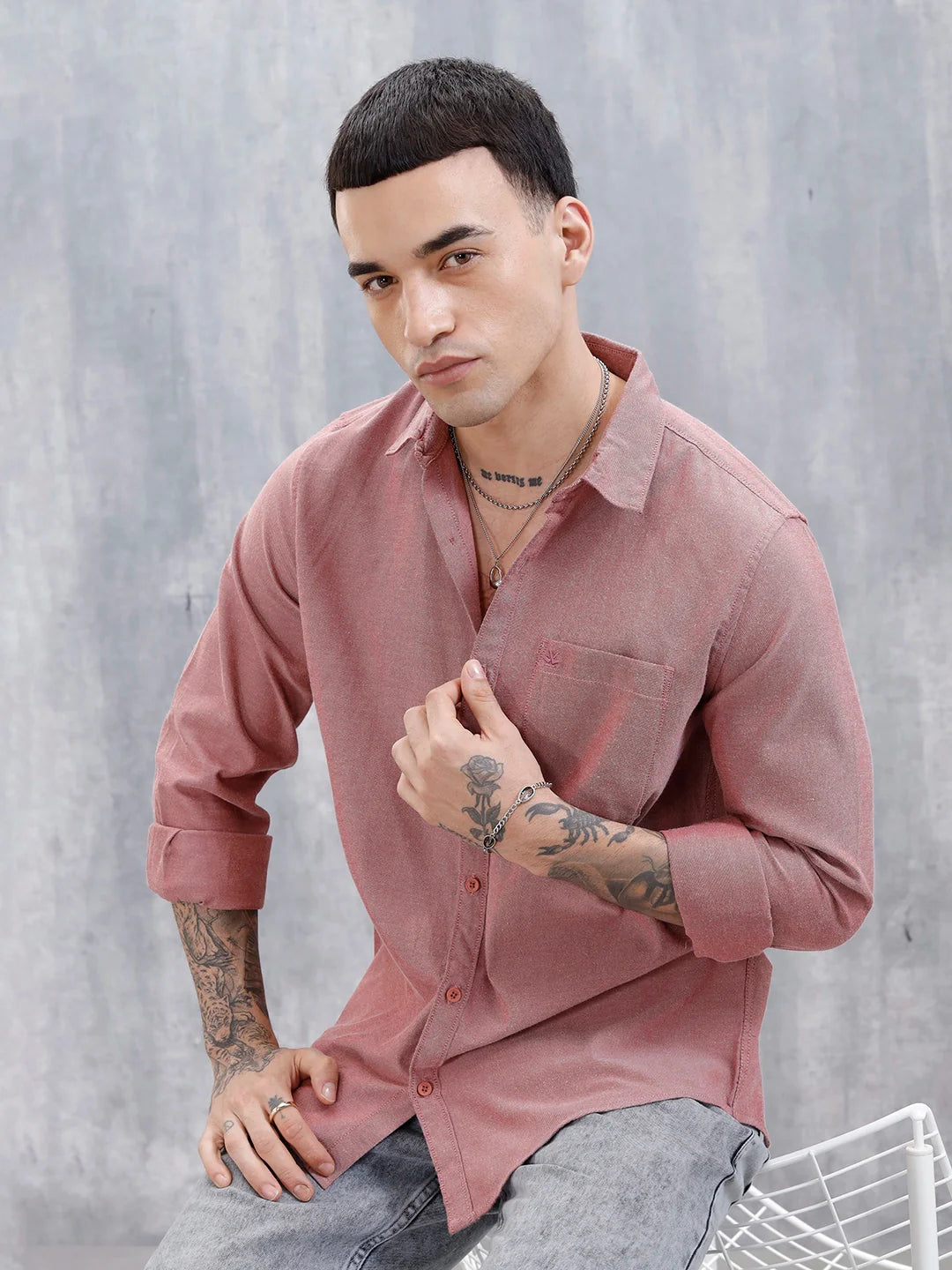 Wrogn Men's Classic Spread Collar Slim Fit Shirt | Red