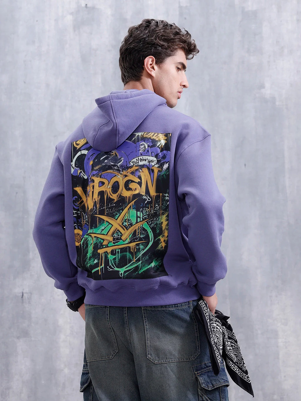 Graffiti Patch Oversized Brushed Fleece Hoodie | Purple