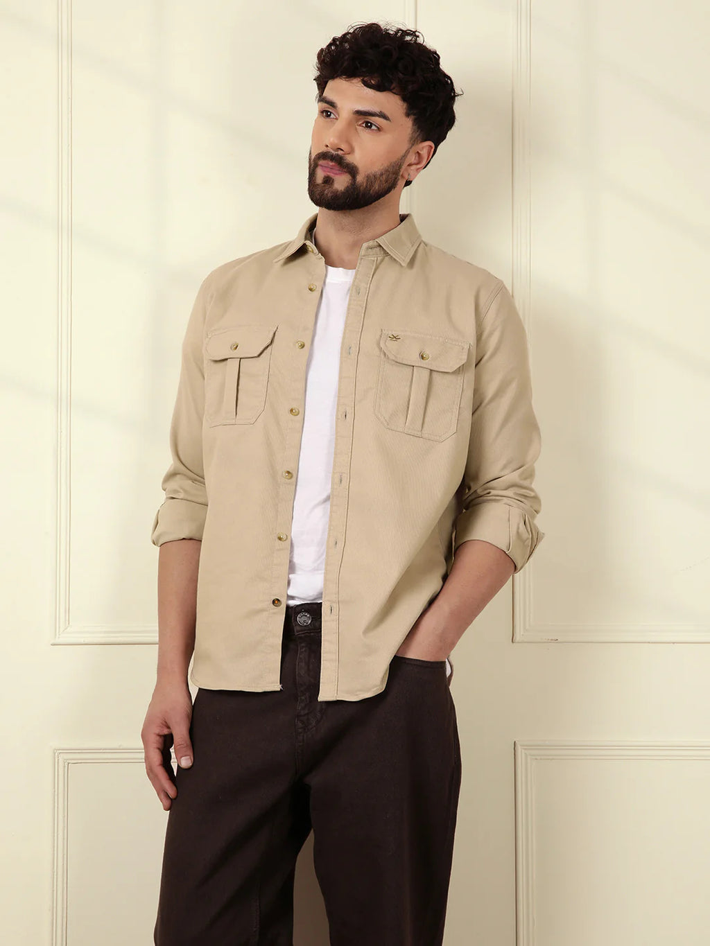 Fine Corduroy Slim Fit Shirt | Beige