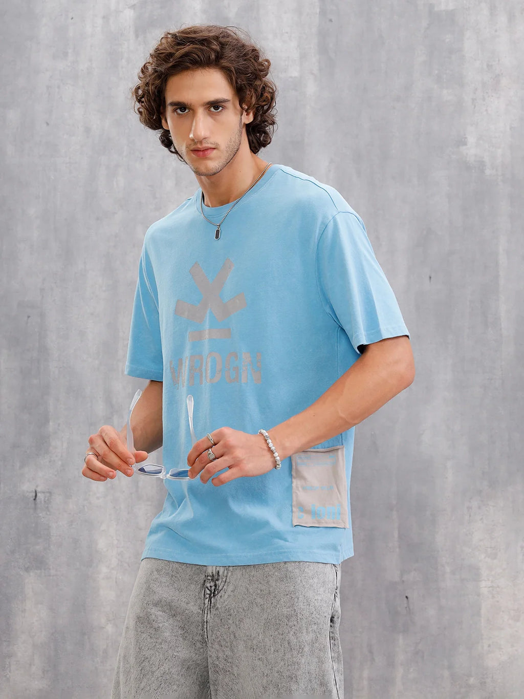 Acid Wash Oversized Fit Tshirt With Printed Patch |  Blue