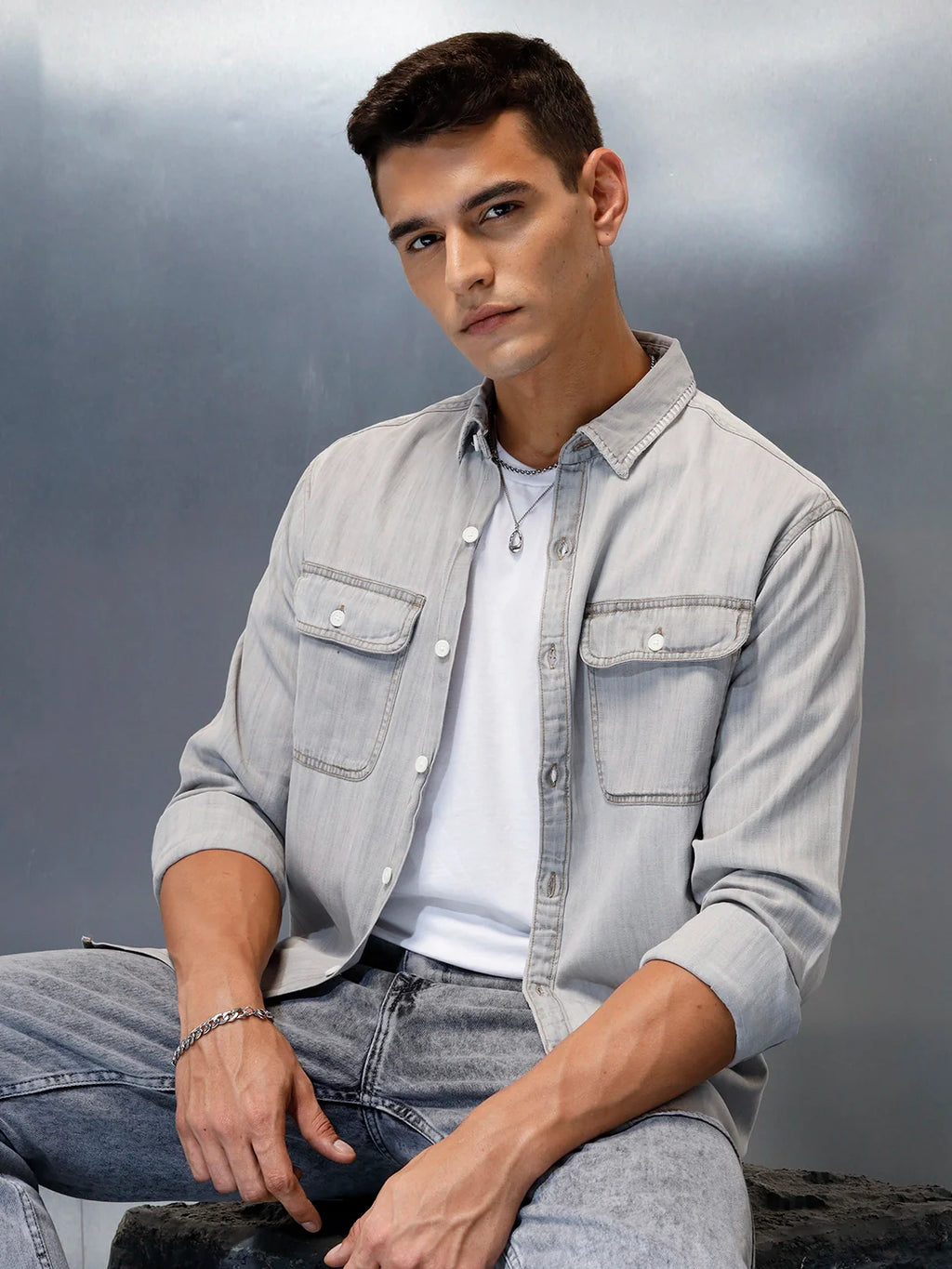Men's Casual Washed Comfort Fit Denim Shirt | Grey