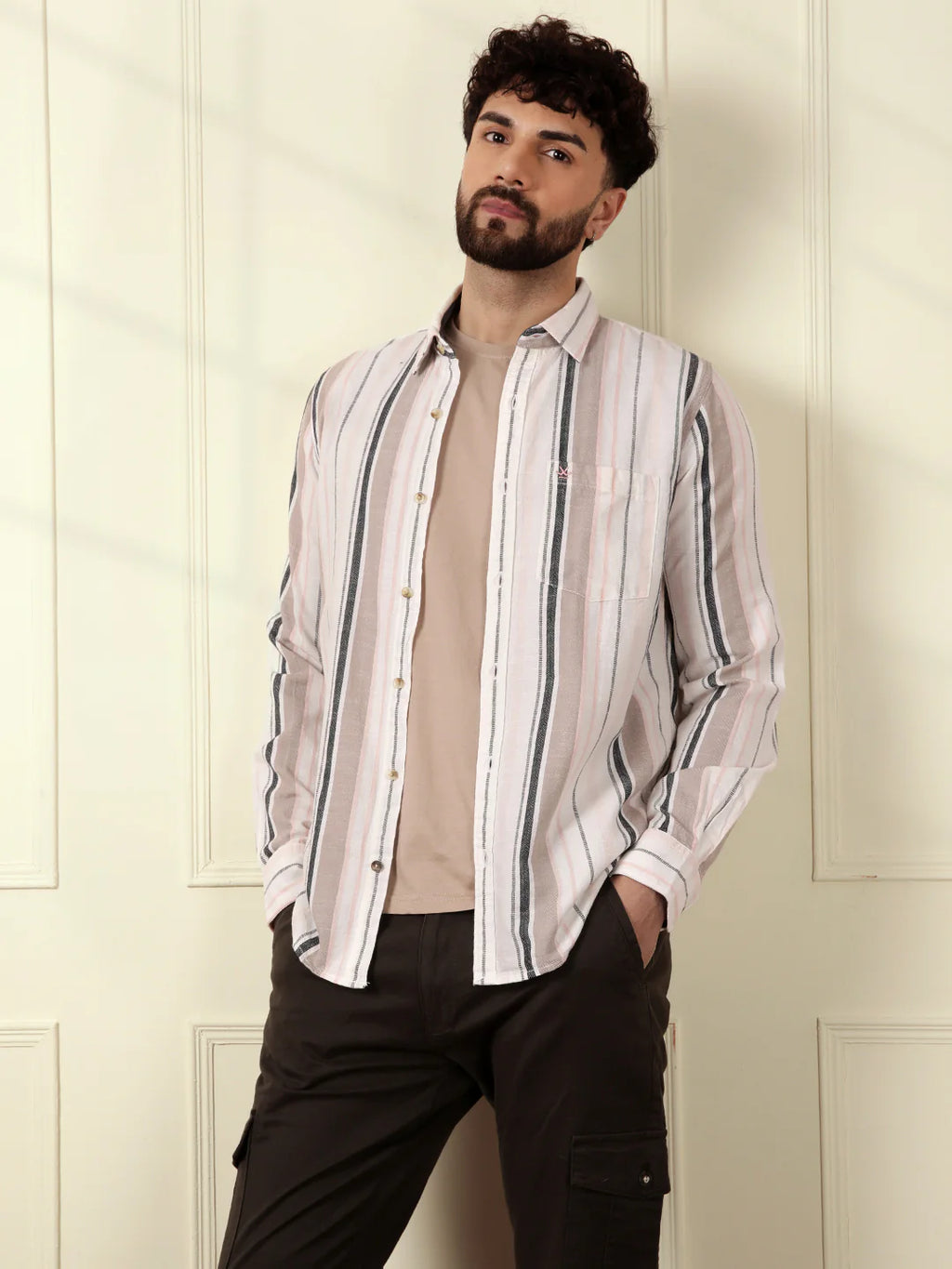 Textured Dobby Striped Shirt | Beige