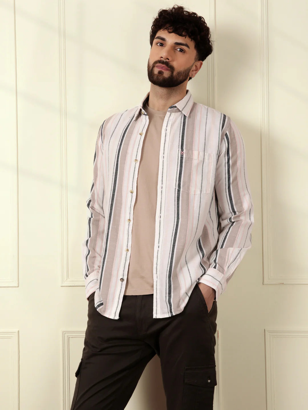 Textured Dobby Striped Shirt | Beige