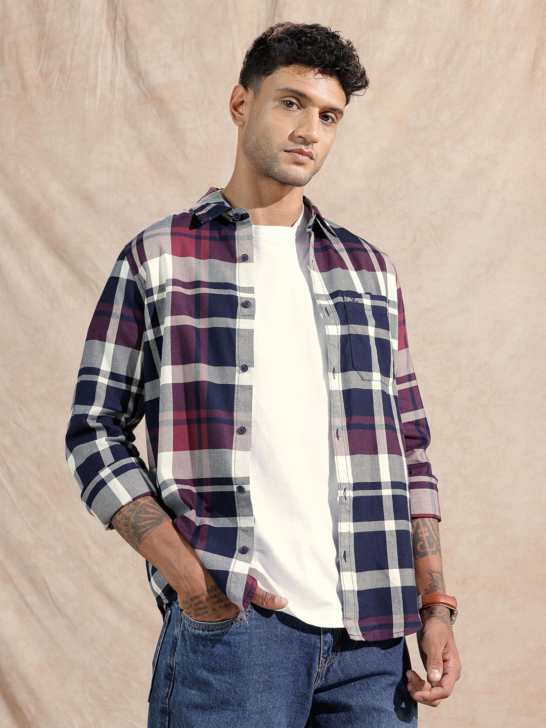 Checked Twill Slim Fit Shirt | Maroon