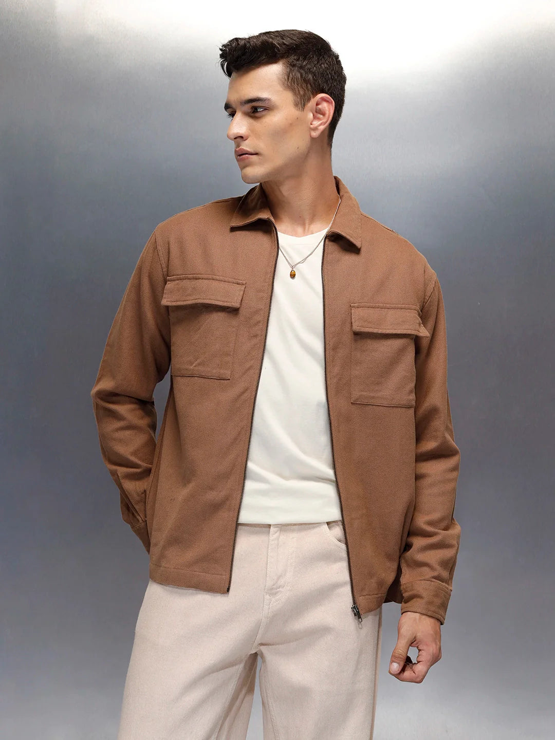 Men's casual front zipper double pocket shacket | Brown