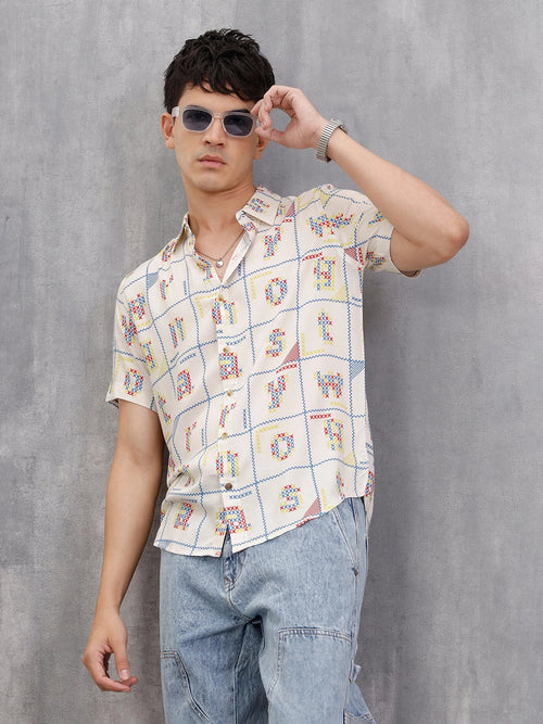 Fluid Viscose Shirt With Cross Stitch Inspired Aop  |  White