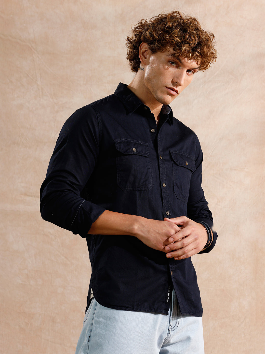 Double Pocket Solid Shirt | Navy Blue
