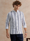 Striped Mandarin Collar Shirt | White
