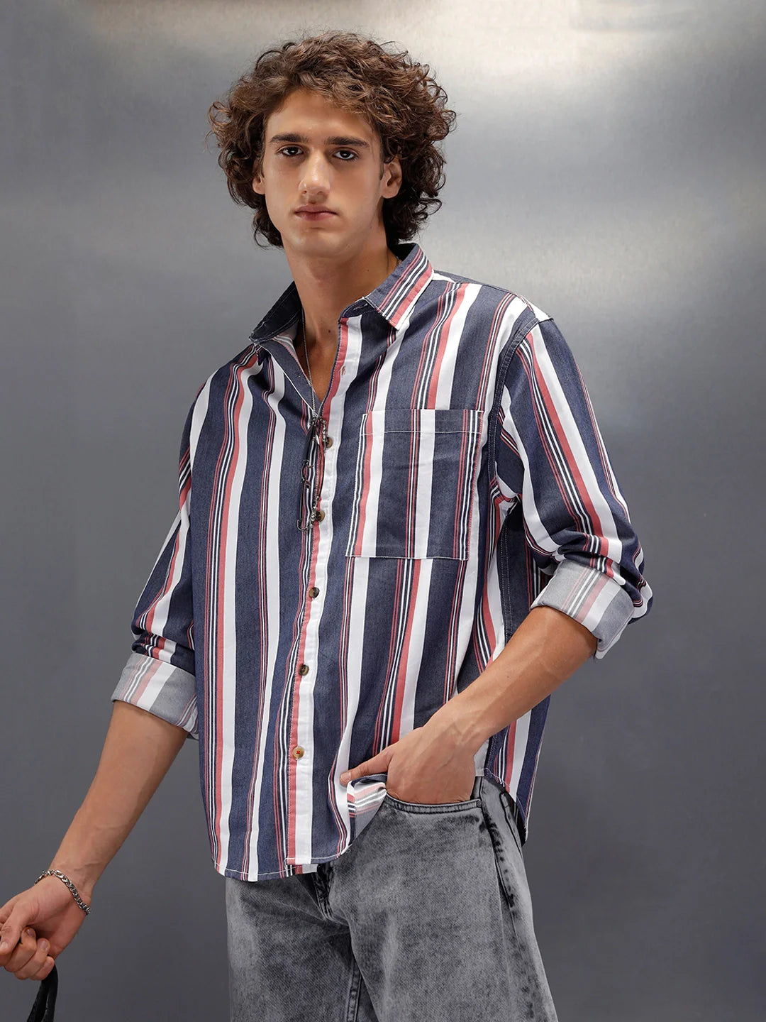 Vibrant Striped Comfort Fit Shirt With Branding | Blue