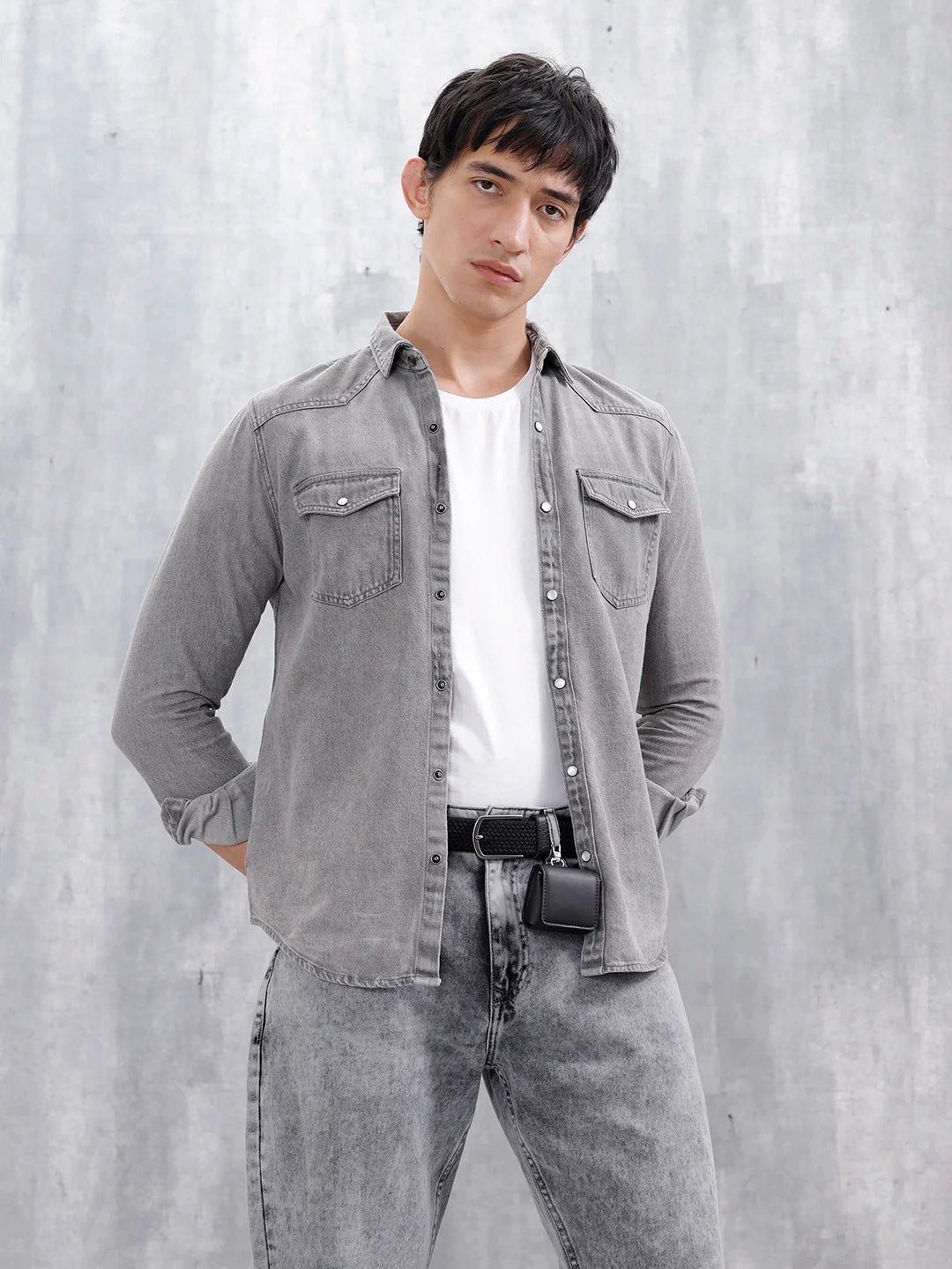 Men's Washed Slim Fit Denim Shirt | Grey