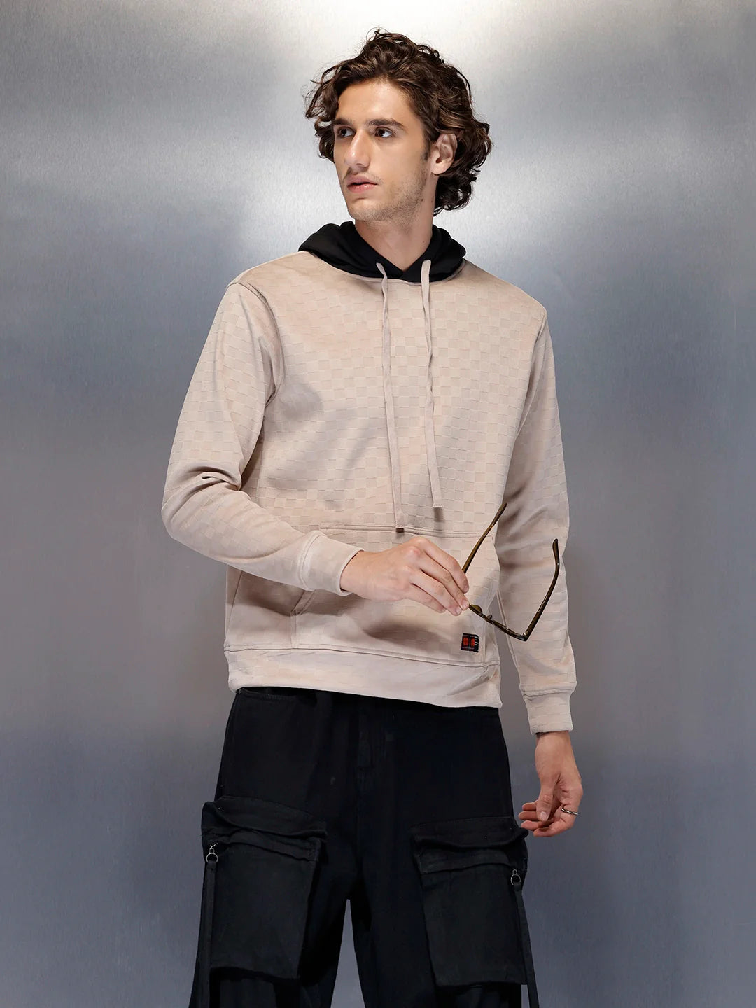 Men’s check-textured & black hoodie | Beige