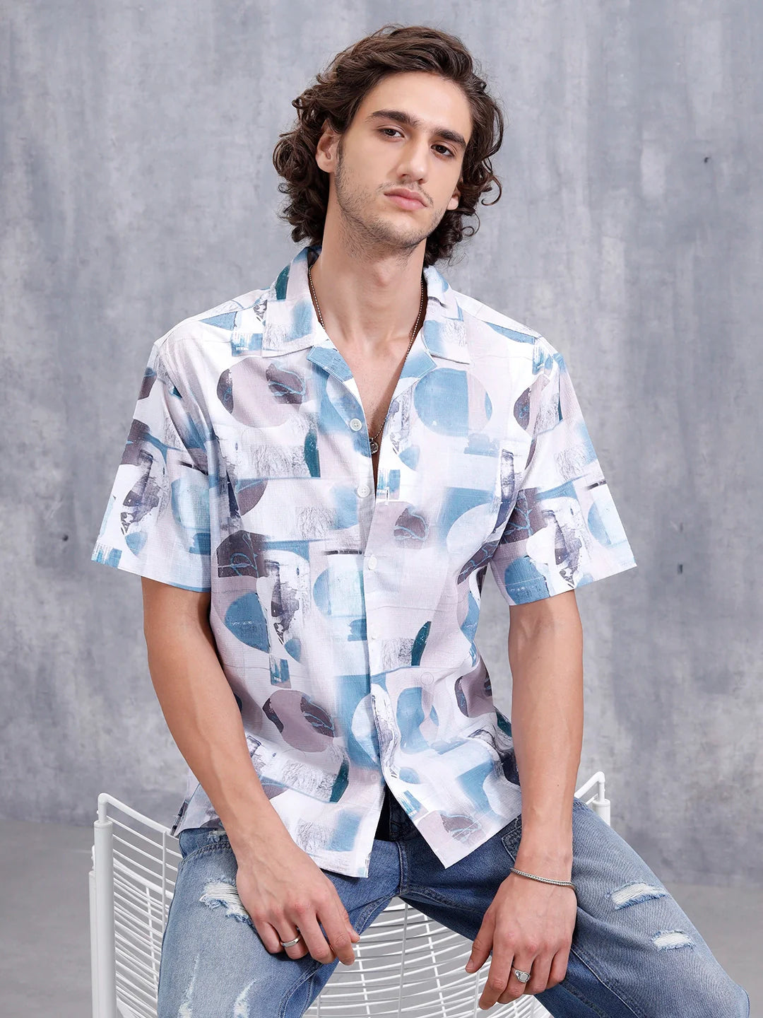 Abstract Aop Printed Comfort Fit Resort Collar Shirt | Blue