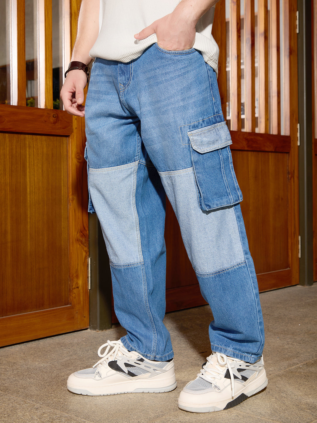 Colour Blocked Denim Cargo | Blue