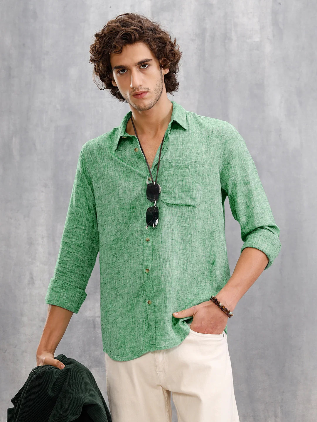 Melange Look 100%Cotton Regular Fit Shirt | Green