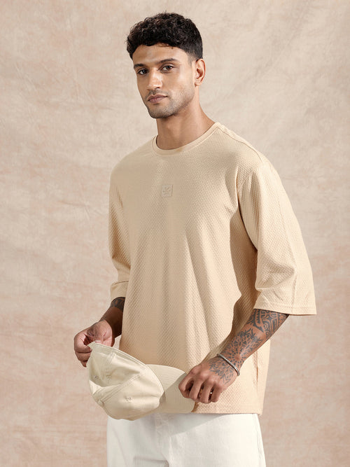 3/4th Sleeve Textured T-Shirt | Beige