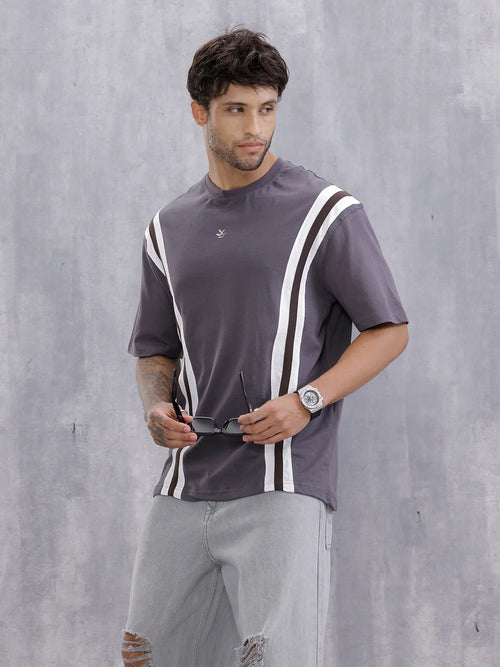 Contrast Cut&Sew Detail Sporty Look Oversized Fit T-shirt | Dark Grey