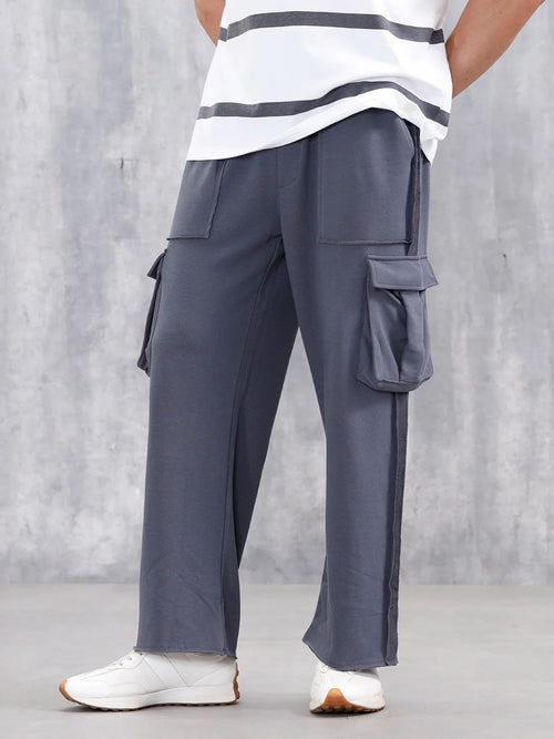 Casual Raw Edged Cargo Pants For Men | Dark Grey