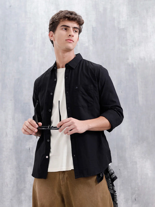 Men'S Casual Solid Patch Pocket Shirt | Black